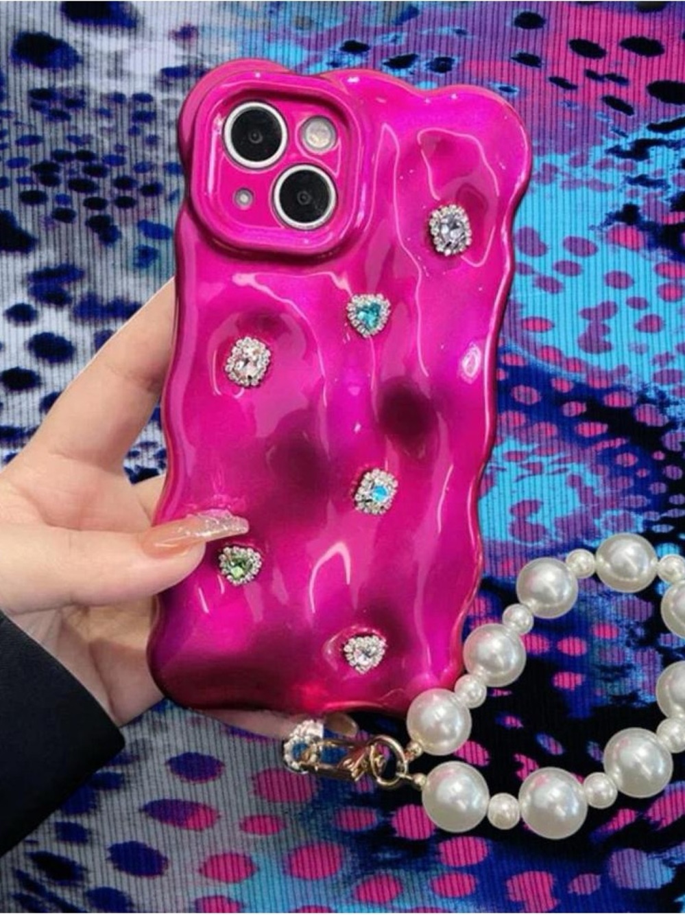 Hot Pink Jeweled Phone Case with Pearl Strap
